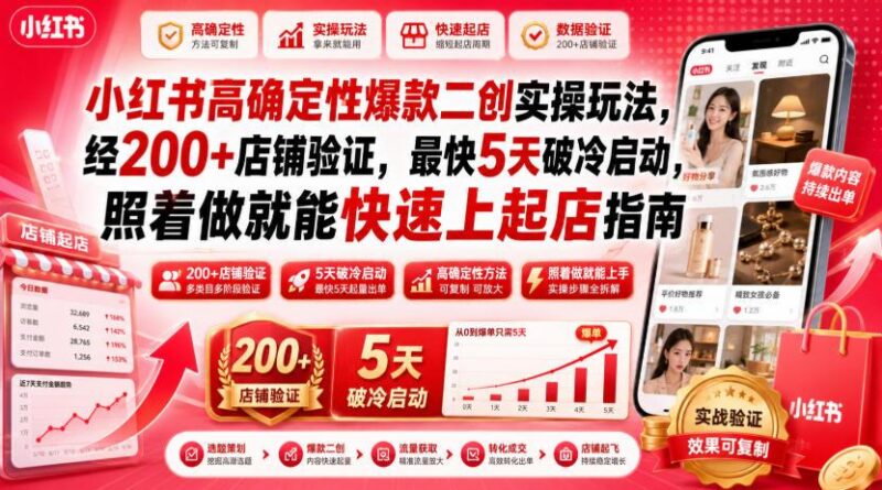 小红书高确定性爆款二创实操玩法，经200+店铺验证，最快5天破冷启动，照着做就能快速上起店指南 三零资源-三零资源
