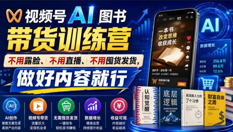 视频号AI图书带货训练营，不用露脸、不用直播、不用囤货发货，做好内容就行，一条爆款视频佣金8942 三零资源-三零资源