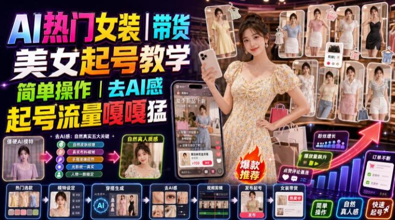 AI热门女装带货丨美女起号教学,简单操作,去AI感,起号流量嘎嘎猛 三零资源-三零资源