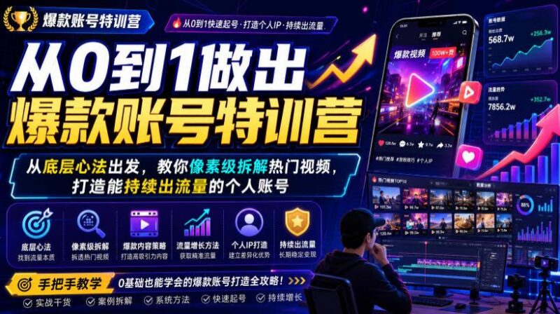 从0到1做出爆款账号特训营，从底层心法出发，教你像素级拆解热门视频，打造能持续出流量的个人账号 三零资源-三零资源