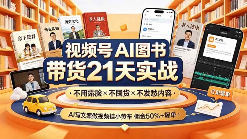 视频号AI图书带货21天实战:不用露脸×不囤货×不发愁内容,AI写文案做视频挂小黄车,佣金50%+爆单 三零资源-三零资源