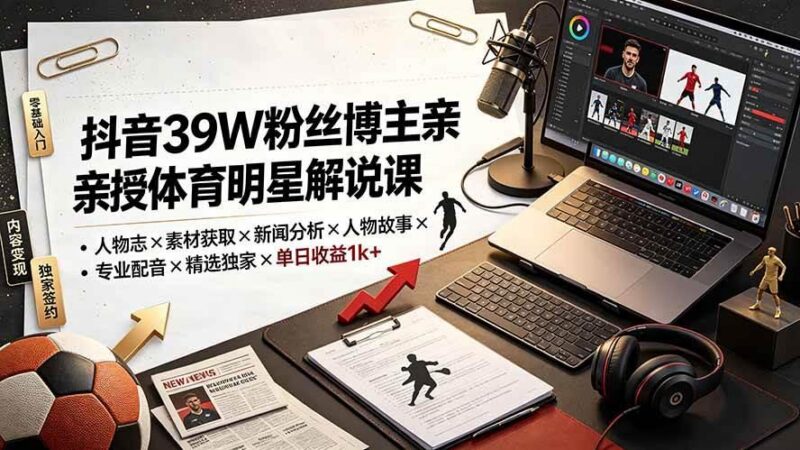 抖音39W粉丝博主亲授体育明星解说课:人物志×素材获取×新闻分析×人物故事×专业配音×精选独家×单日收益1k+-三零资源
