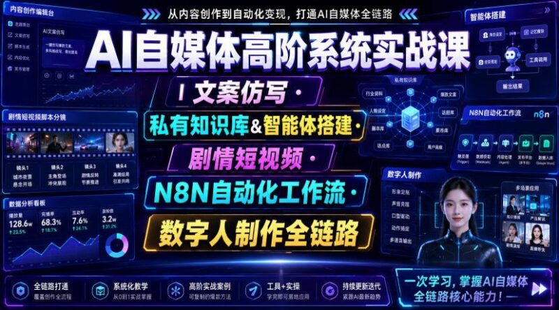 AI自媒体高阶系统实战课|文案仿写・私有知识库&智能体搭建・剧情短视频・N8N自动化工作流・数字人制作全链路-三零资源