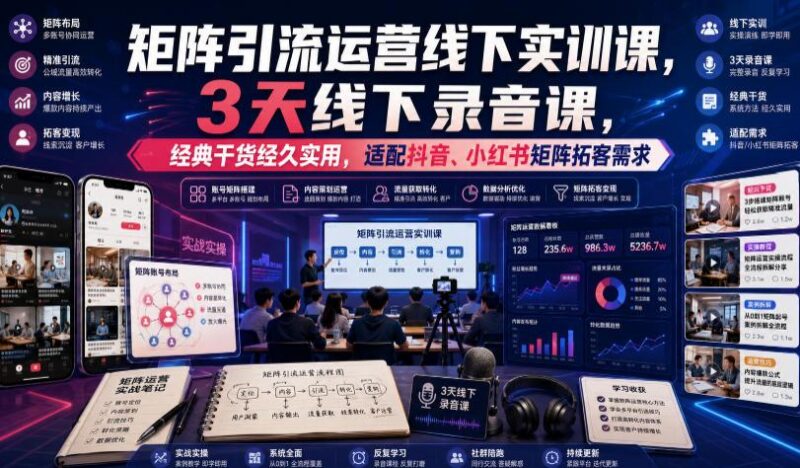 嗨推矩阵引流运营线下实训课，3天线下录音课，经典干货经久实用，适配抖音、小红书矩阵拓客需求-三零资源