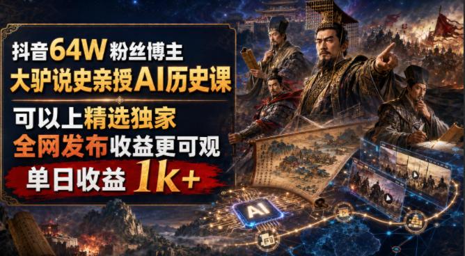 抖音64W粉丝博主大驴说史亲授AI历史课，可以上精选独家，全网发布收益更可观，单日收益1k+-三零资源
