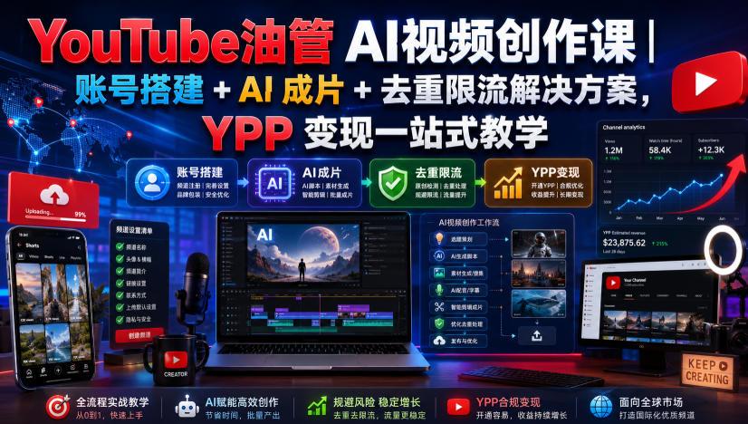 YouTube油管AI视频创作课|账号搭建+AI成片+去重限流解决方案,YPP变现一站式教学(更新0809) 图1