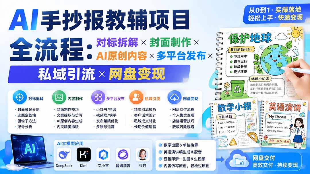 AI手抄报教辅项目全流程:对标拆解×封面制作×AI原创内容×多平台发布×私域引流×网盘变现 图1