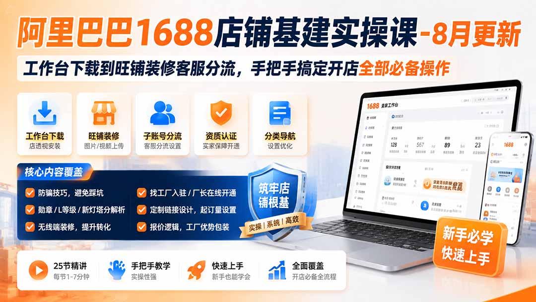 阿里巴巴1688店铺基建实操课-8月更新;工作台下载到旺铺装修客服分流,手把手搞定开店全部必备操作 图1