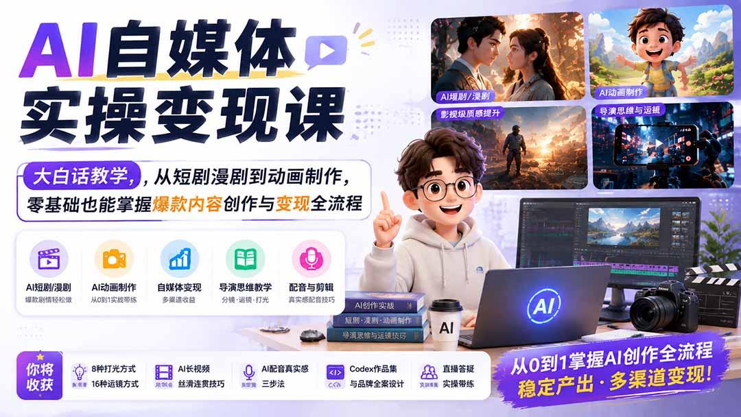AI自媒体实操变现课|大白话教学,从短剧漫剧到动画制作,零基础也能掌握爆款内容创作与变现全流程 图1