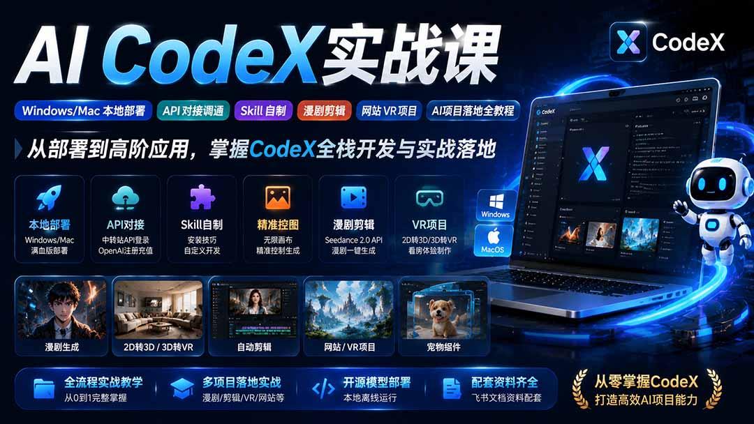 AI CodeX实战课|Windows/Mac 本地部署|API 对接调通|Skill 自制|漫剧剪辑|网站 VR 项目|AI项目落地全教程 图1