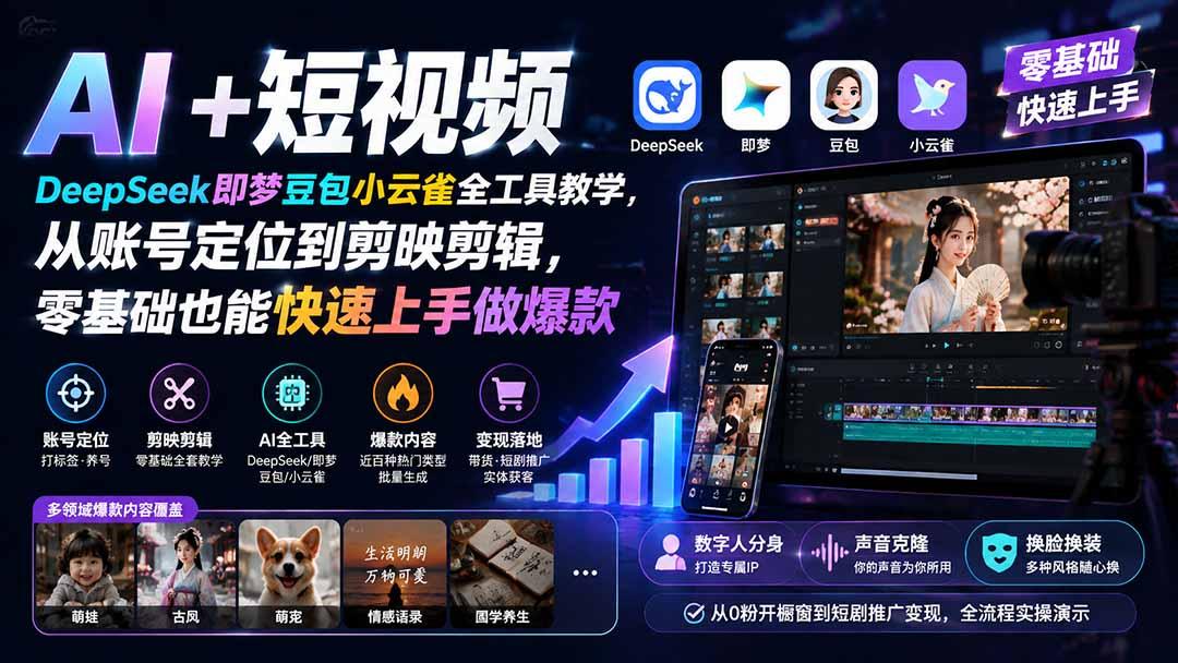 AI+短视频|DeepSeek即梦豆包小云雀全工具教学,从账号定位到剪映剪辑,零基础也能快速上手做爆款 图1