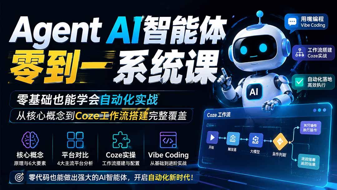 Agent AI智能体零到一系统课;零基础也能学会自动化实战,从核心概念到Coze工作流搭建完整覆盖 图1