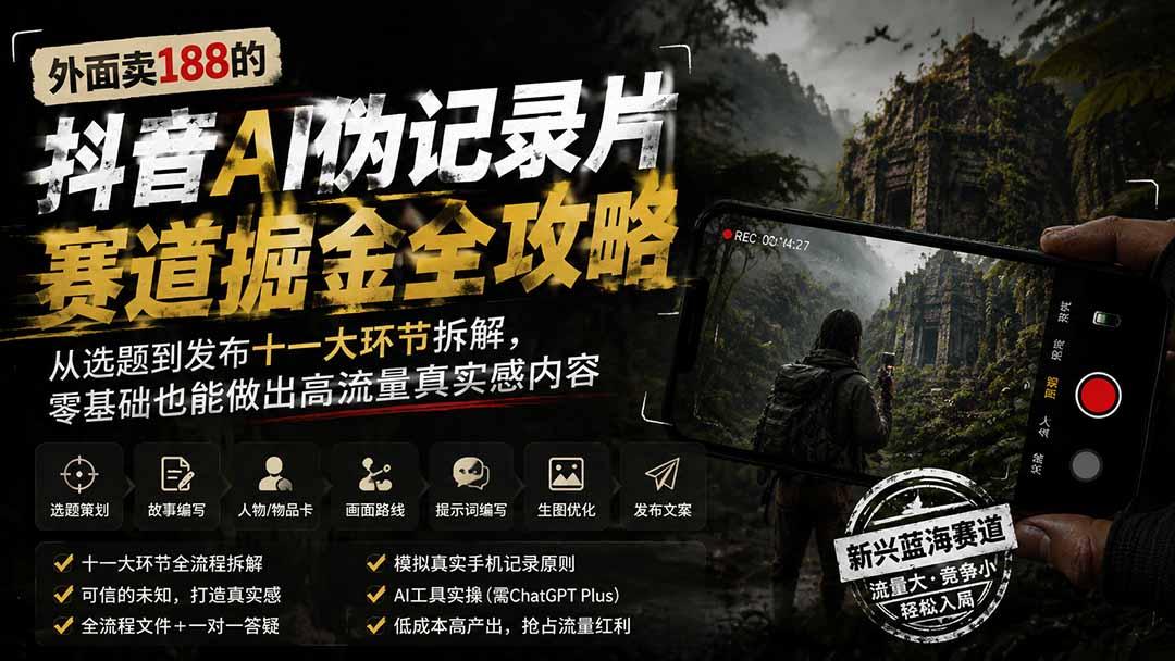 外面卖188的抖音AI伪记录片赛道掘金全攻略;从选题到发布十一大环节拆解,零基础也能做出高流量真实感内容 图1
