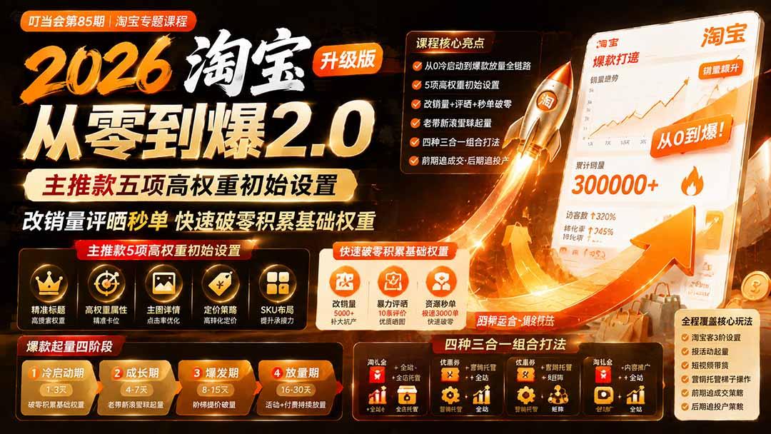 2026淘宝从零到爆2.0第85期;主推款五项高权重初始设置,改销量评晒秒单快速破零积累基础权重 图1