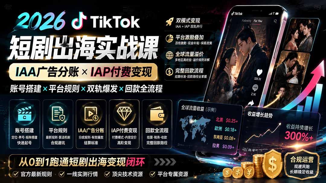 2026TikTok短剧出海实战课:IAA广告分账×IAP付费变现×账号搭建×平台规则×双轨爆发×回款全流程 图1
