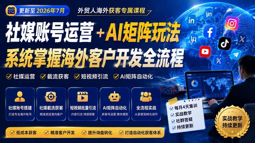 外贸人海外获客专属课程-更新7月,讲解社媒账号运营AI矩阵玩法,,系统掌握海外客户开发全流程实战方法 图1