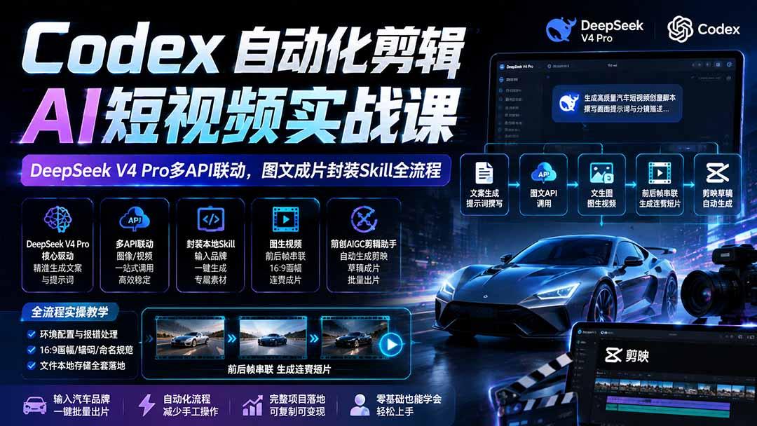 Codex自动化剪辑AI短视频实战课|DeepSeek V4 Pro多API联动,图文成片封装Skill全流程 图1