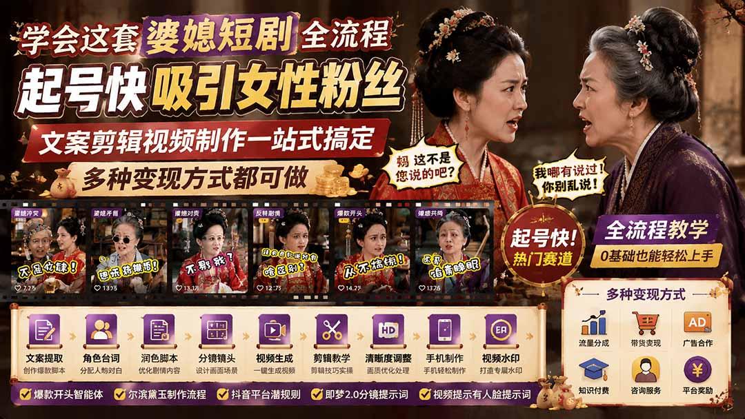 学会这套婆媳短剧全流程:起号快吸引女性粉丝,文案剪辑视频制作一站式搞定,多种变现方式都可做 图1