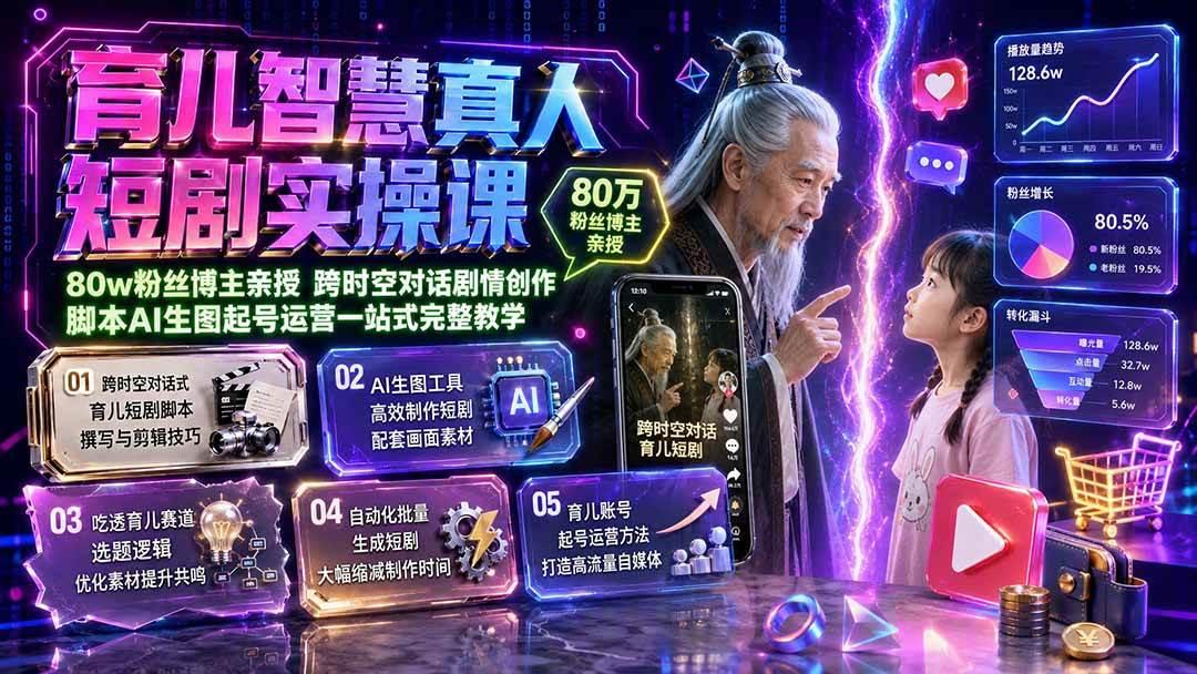 育儿智慧真人短剧实操课|80w粉丝博主亲授,跨时空对话剧情创作,脚本AI生图起号运营一站式完整教学 图1
