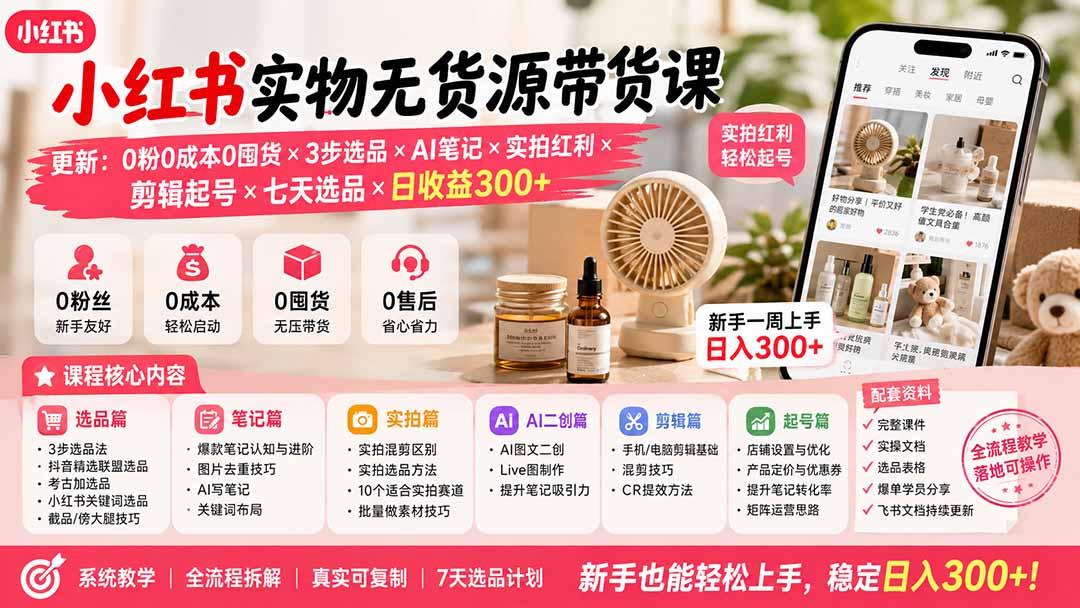 小红书实物无货源带货课-更新：0粉0成本0囤货×3步选品×AI笔记×实拍红利×剪辑起号×七天选品×日收益300+ 图1