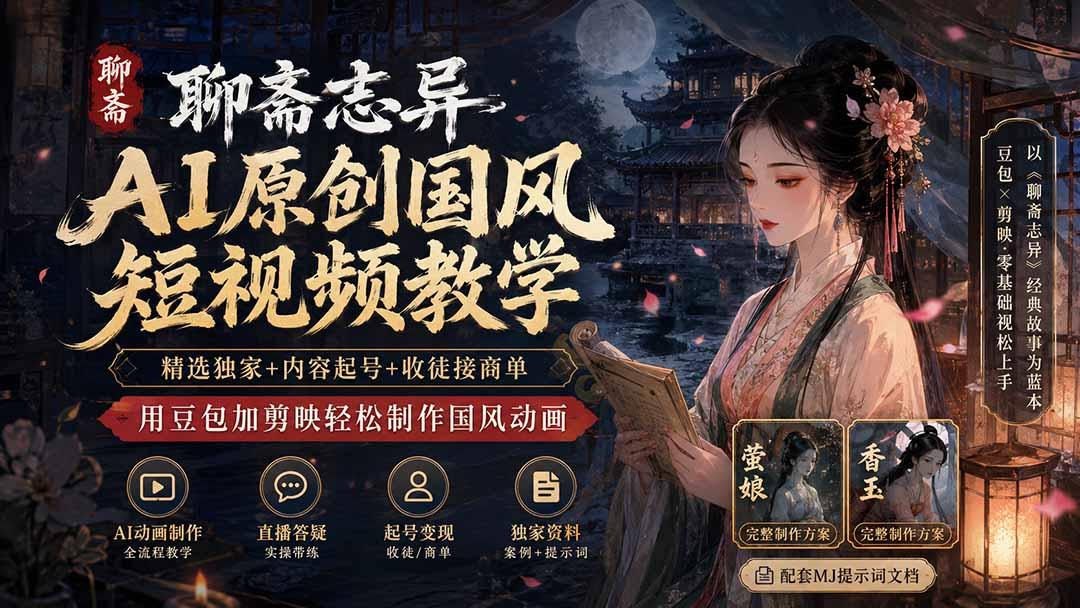 聊斋志异AI原创国风短视频教学；精选独家+内容起号+收徒接商单，用豆包加剪映轻松制作国风动画 图1