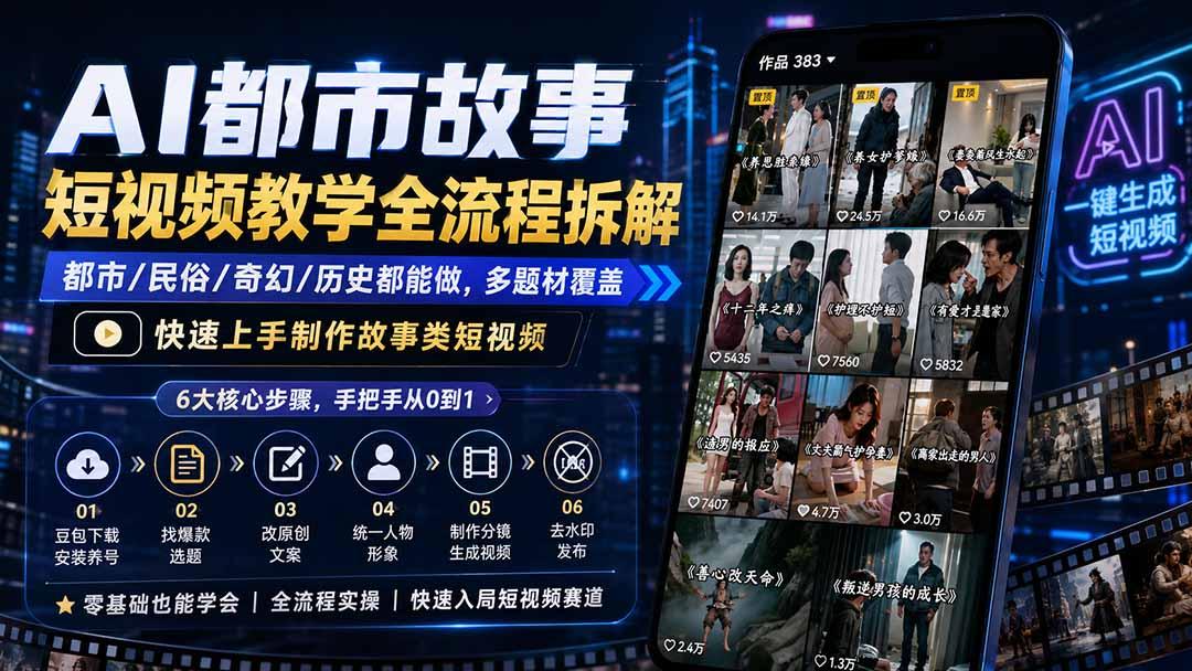 AI都市故事短视频教学全流程拆解;都市/民俗/奇幻/历史都能做多题材覆盖,快速上手制作故事类短视频 图1
