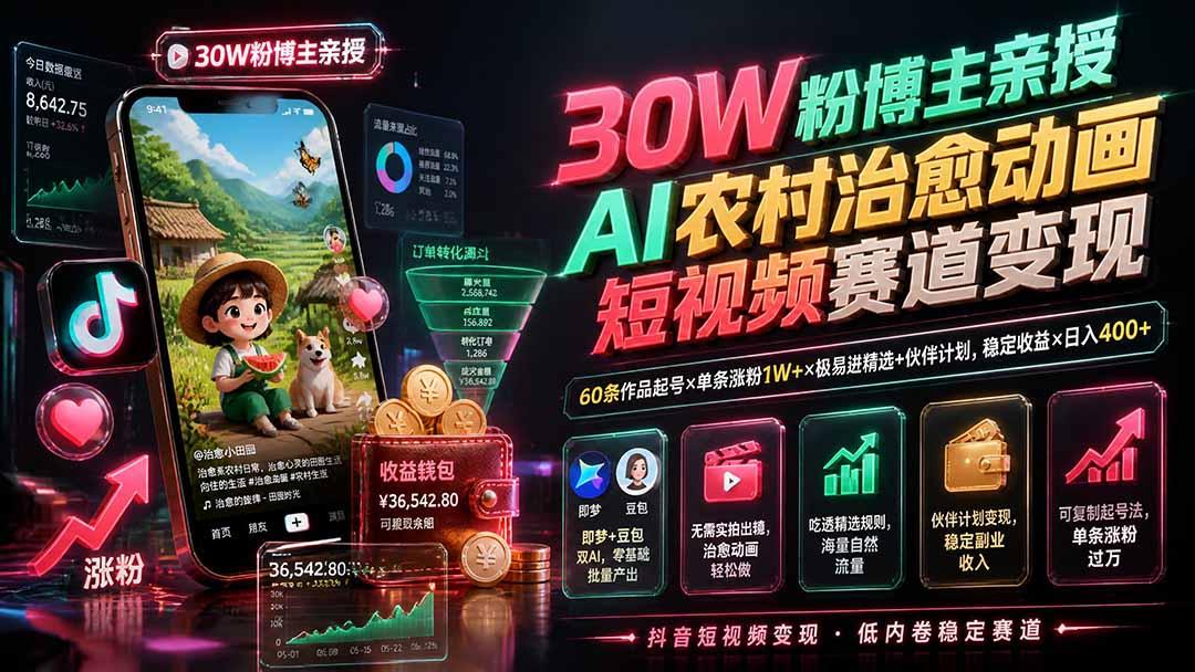 30W粉博主亲授AI农村治愈动画短视频赛道变现:60条作品起号×单条涨粉1W+×极易进精选+伙伴计划,稳定收益×日入400+ 图1