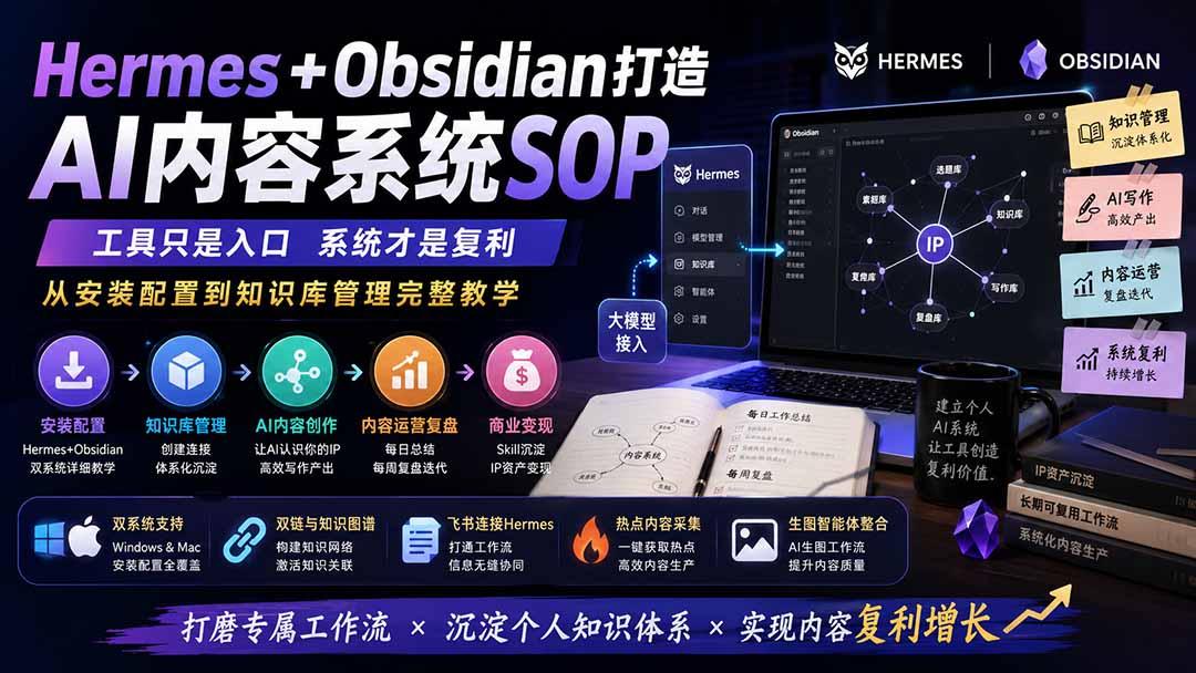 Hermes+Obsidian打造AI内容系统SOP；工具只是入口系统才是复利，从安装配置到知识库管理完整教学 图1