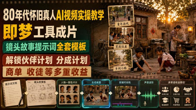 80年代怀旧真人AI视频实操教学,即梦工具成片、镜头故事提示词全套模板,解锁伙伴计划分成计划商单收徒等多重收益 图1