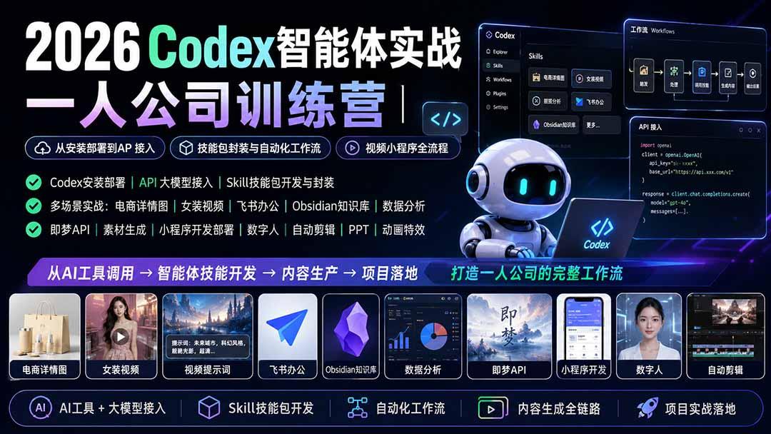2026Codex智能体实战|一人公司训练营|从安装部署到API接入|技能包封装与自动化工作流|视频小程序全流程 图1