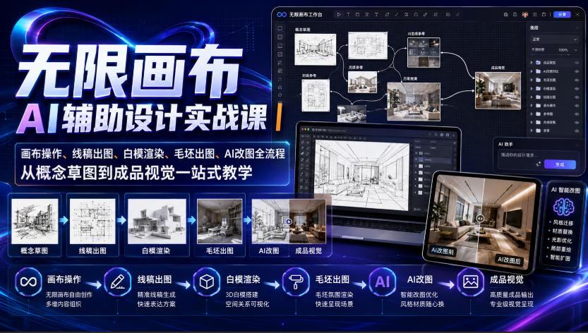 无限画布AI辅助设计实战课|画布操作、线稿出图、白模渲染、毛坯出图、AI改图全流程,从概念草图到成品视觉一站式教学 图1
