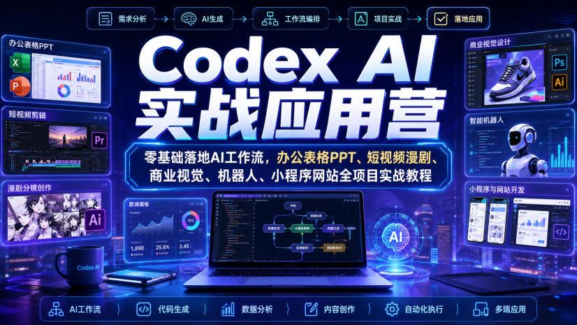 Codex AI实战应用营|零基础落地AI工作流,办公表格PPT、短视频漫剧、商业视觉、机器人、小程序网站全项目实战教程 图1