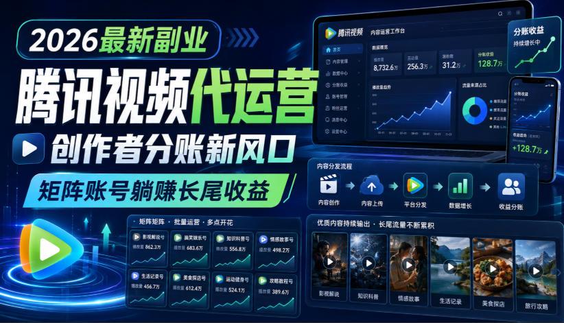 2026最新副业之腾讯视频代运营：创作者分账新风口，矩阵账号躺賺长尾收益【揭秘】 图1
