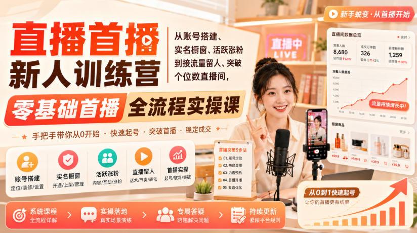 直播首播新人训练营|从账号搭建、实名橱窗、活跃涨粉到接流量留人、突破个位数直播间,零基础首播全流程实操课 图1
