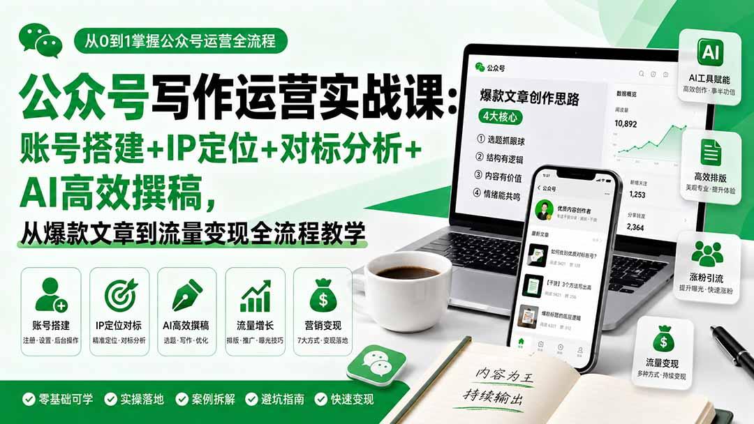 公众号写作运营实战课:账号搭建+IP定位+对标分析+AI高效撰稿,从爆款文章到流量变现全流程教学 图1