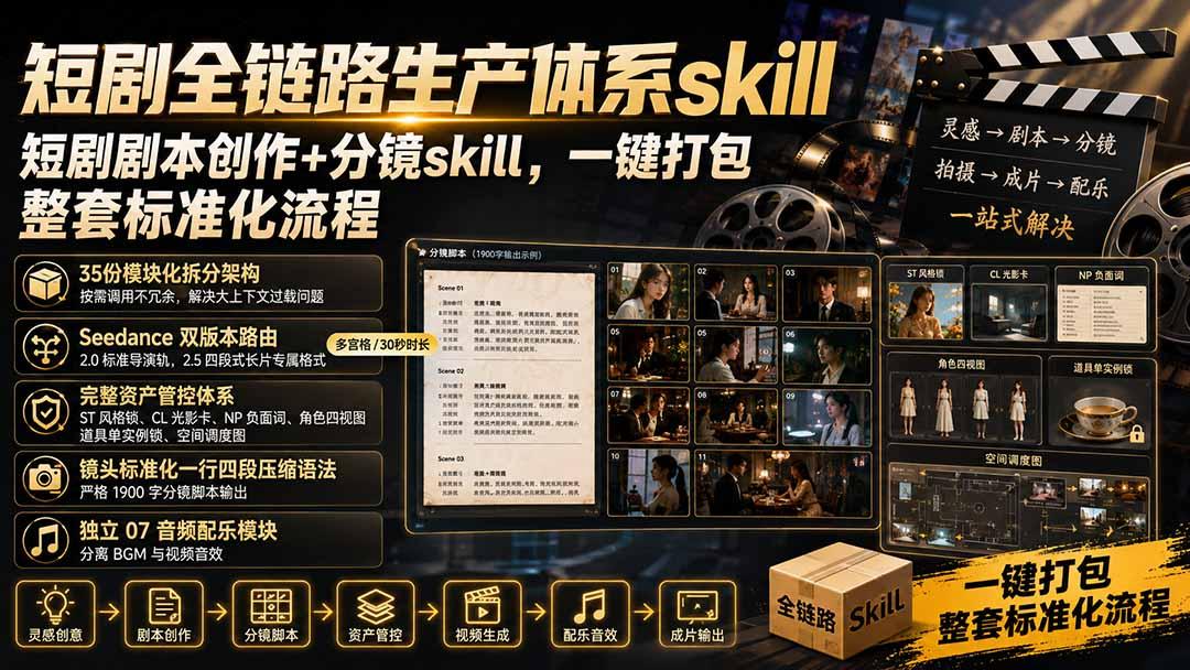 短剧全链路生产体系skill,短剧剧本创作+分镜skill,一键打包,整套标准化流程 图1