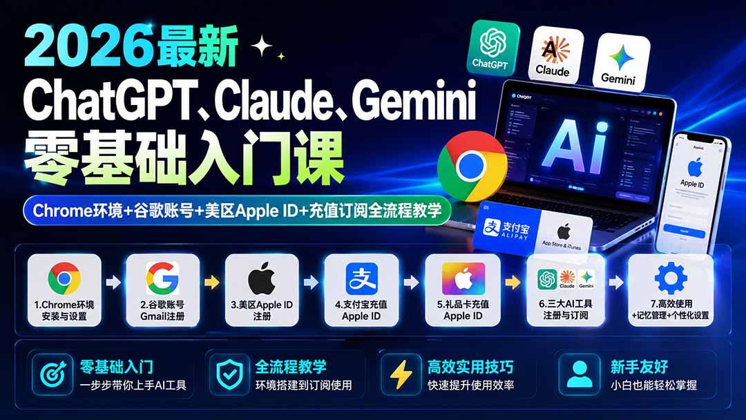 2026最新ChatGPT、Claude、Gemini零基础入门课:Chrome环境+谷歌账号+美区Apple ID+充值订阅全流程教学 图1