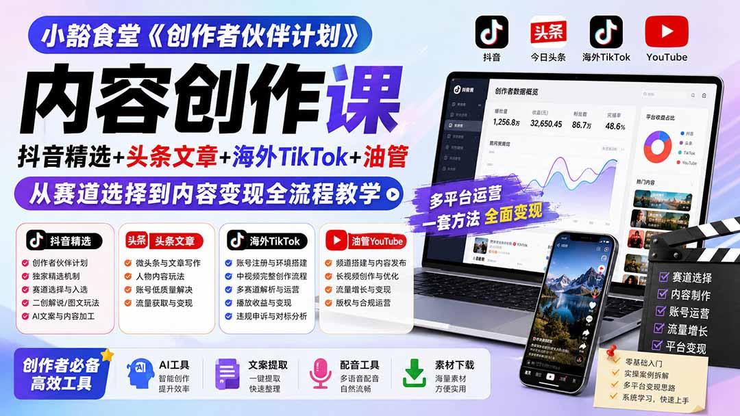 小豁食堂《创作者伙伴计划》内容创作课:抖音精选+头条文章+海外TikTok+油管,从赛道选择到内容变现全流程教学 图1