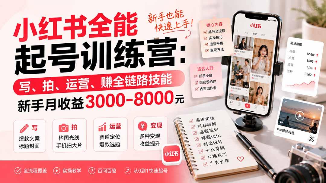 小红书全能起号训练营-更新：写、拍、运营、赚全链路技能，新手月收益3000-8000元 图1