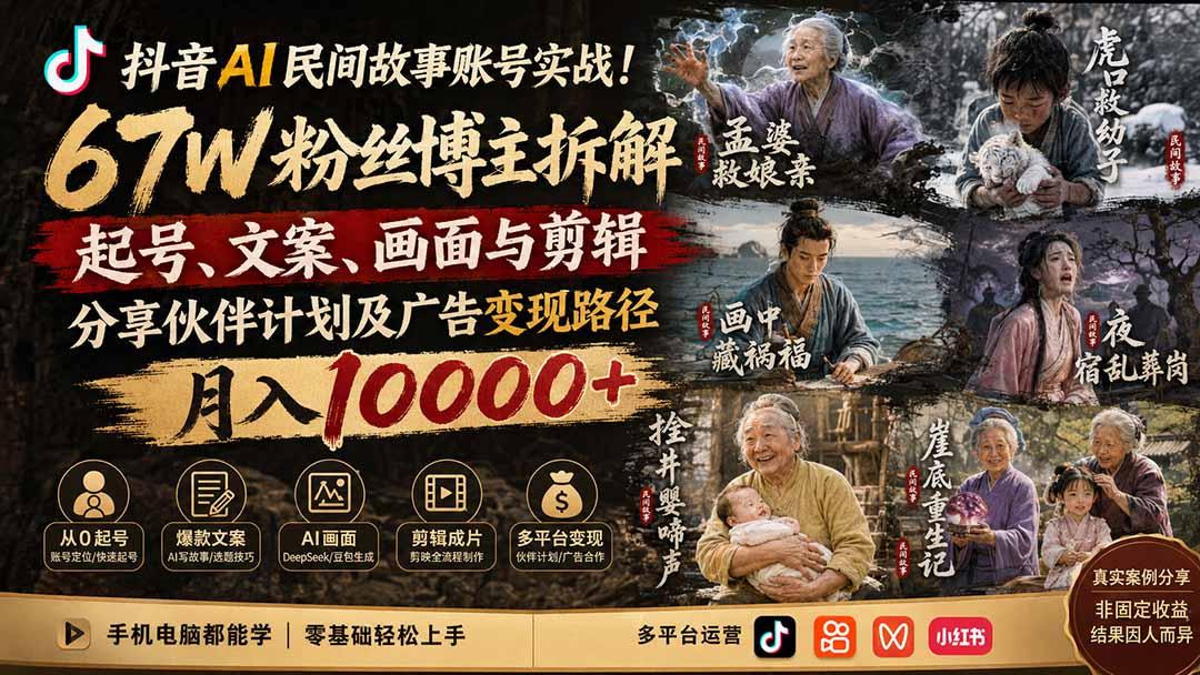 抖音AI民间故事账号实战!67W粉丝博主拆解起号、文案、画面与剪辑,分享伙伴计划及广告变现路径,月入10000+ 图1