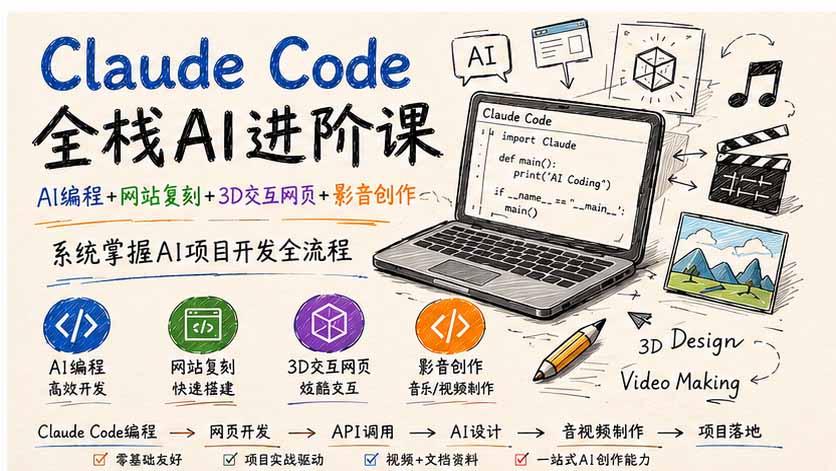 Claude Code全栈AI进阶课；AI编程+网站复刻+3D交互网页+影音创作，系统掌握AI项目开发全流程 图1