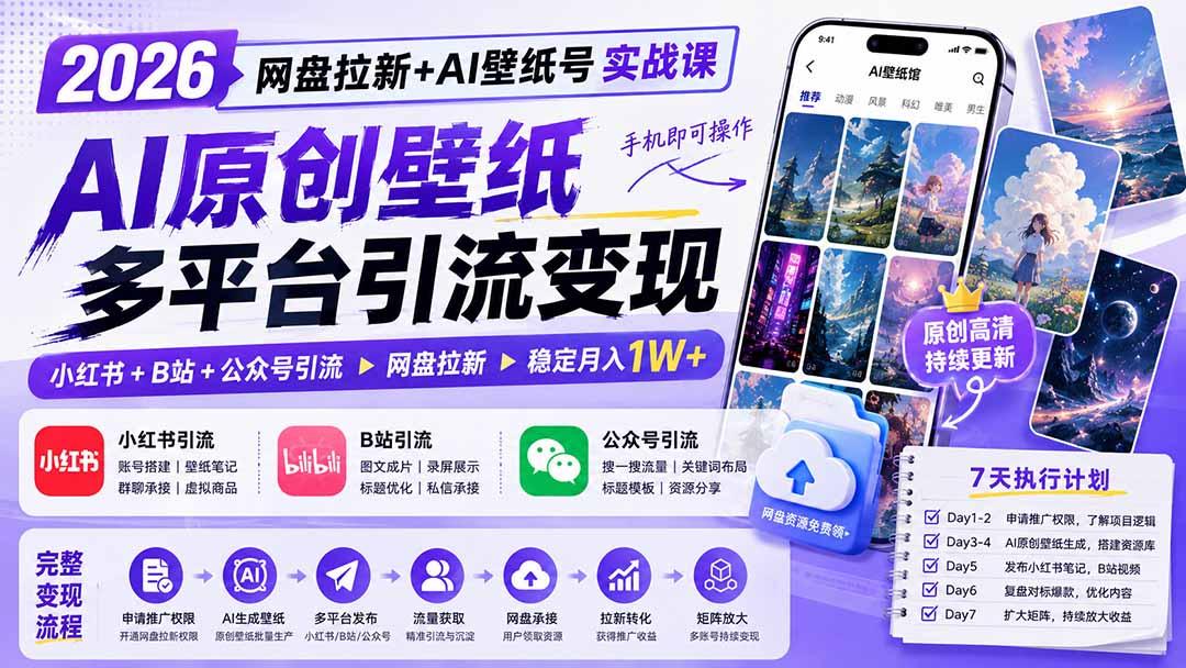 2026网盘拉新+AI壁纸号实战课:AI原创壁纸+小红书+B站+公众号引流,手机即可操作,月入1W+ 图1