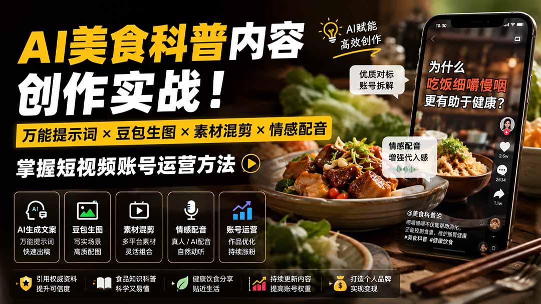 外面卖199元-AI美食科普内容创作实战!万能提示词×豆包生图×素材混剪×情感配音,掌握短视频账号运营方法 图1