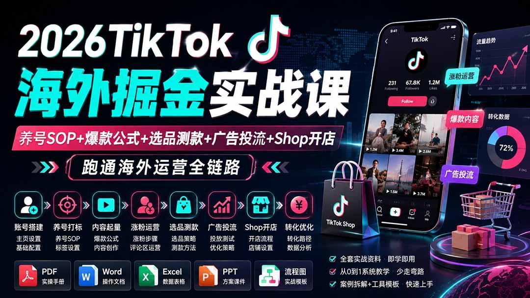 2026TikTok海外掘金实战课——养号SOP+爆款公式+选品测款+广告投流+Shop开店，跑通海外运营全链路 图1