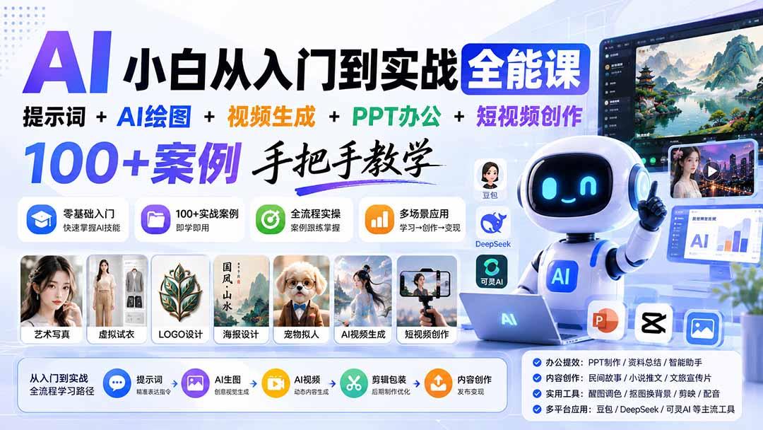 AI小白从入门到实战全能课:提示词+AI绘图+视频生成+PPT办公+短视频创作,100+案例手把手教学 图1