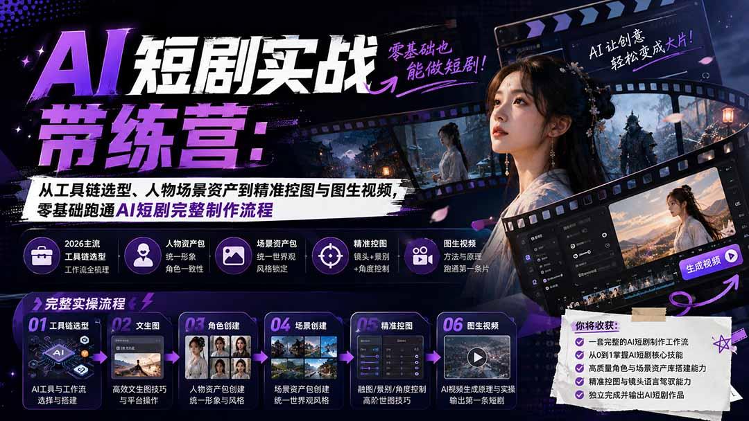 AI短剧实战训练营:从工具链选型、人物场景资产到精准控图与图生视频,零基础跑通AI短剧完整制作流程 图1