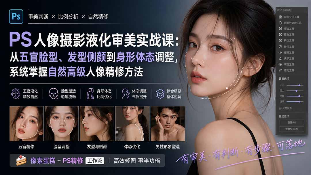 PS人像摄影液化审美实战课:从五官脸型、发型侧颜到身形体态调整,系统掌握自然高级人像精修方法 图1