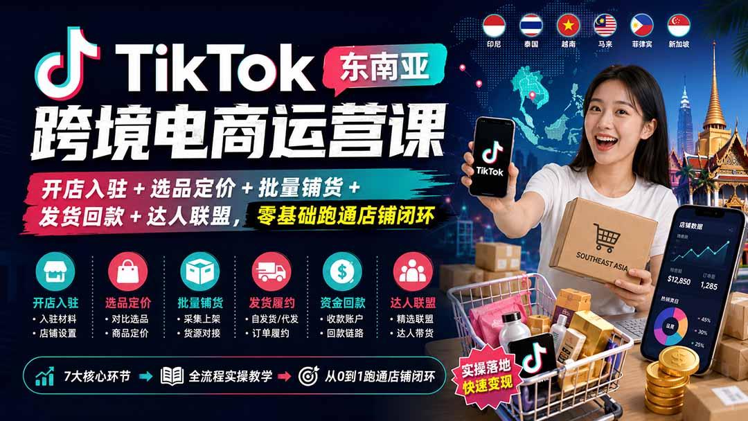 TikTok东南亚跨境电商运营课：开店入驻+选品定价+批量铺货+发货回款+达人联盟，零基础跑通店铺闭环 图1