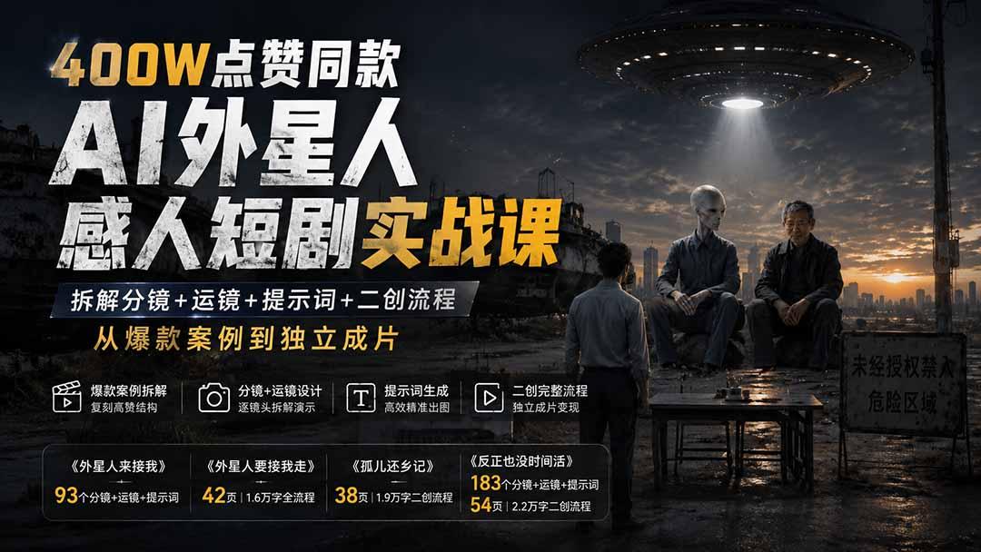 400W点赞同款AI外星人感人短剧实战课：拆解分镜+运镜+提示词+二创流程，从爆款案例到独立成片 图1