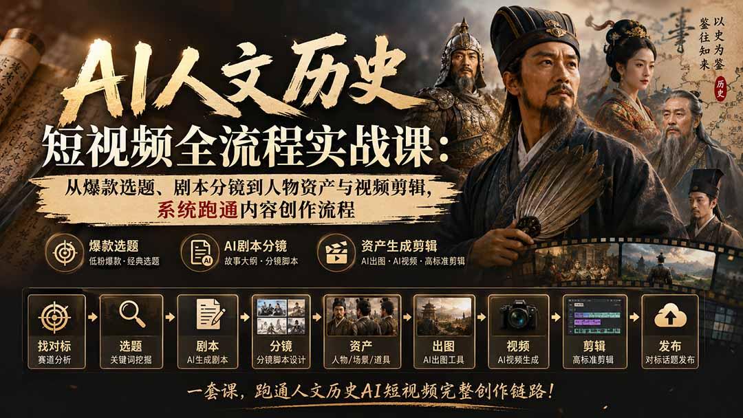 AI人文历史短视频全流程实战课:从爆款选题、剧本分镜到人物资产与视频剪辑,系统跑通内容创作流程 图1